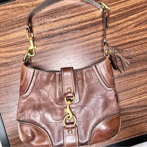 Vintage Coach Signature Leather Hobo Shoulder Bag, Pink Satin Lined & Gold HW